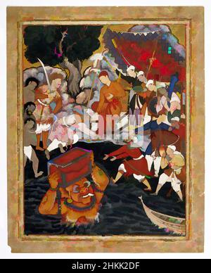 Kunst inspiriert von Arghan Div bringt die Truhe der Rüstung nach Hamza, Indien, opakes Aquarell und Gold auf Baumwolle, Indien, 1562-1577, Mughal, Blatt: 31 1/8 x 24 15/16 Zoll, 79,1 x 63,3 cm, Arghan Div, Rüstung, asiatisch, Brust, Baumwolle, Dämon, Geschenk, Gold, Hamza, Ifrit, Indien, indische, Indische Kunst, Klassische Werke, die von Artotop mit einem Schuss Moderne modernisiert wurden. Formen, Farbe und Wert, auffällige visuelle Wirkung auf Kunst. Emotionen durch Freiheit von Kunstwerken auf zeitgemäße Weise. Eine zeitlose Botschaft, die eine wild kreative neue Richtung verfolgt. Künstler, die sich dem digitalen Medium zuwenden und die Artotop NFT erschaffen Stockfoto