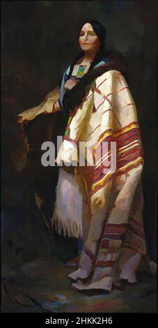 Kunst inspiriert von Handsome Morning -- A Dakota, Harry C. Edwards, American, 1868-1922, Öl auf Leinwand, 1921, Rahmen: 81 9/16 x 45 9/16 x 4 1/8 Zoll, 207,2 x 115,7 x 10,5 cm, 1921, 20th Jahrhundert, amerikanisch, Decke, Bunt, Kostüm, Dakota, Ohrringe, ethnographisch, Mode, weibliche Schönheit, Klassische Werke, die von Artotop mit einem Schuss Moderne modernisiert wurden. Formen, Farbe und Wert, auffällige visuelle Wirkung auf Kunst. Emotionen durch Freiheit von Kunstwerken auf zeitgemäße Weise. Eine zeitlose Botschaft, die eine wild kreative neue Richtung verfolgt. Künstler, die sich dem digitalen Medium zuwenden und die Artotop NFT erschaffen Stockfoto