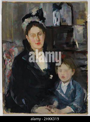 Kunst inspiriert von Portrait von Mme Boursier und ihrer Tochter, Portrait de Mme Boursier et de sa fille, Berthe Morisot, Französisch, 1841-1895, Öl auf Leinwand, Frankreich, ca. 1873, 29 5/16 x 22 3/8 Zoll, 74,5 x 56,8 cm, 19th Jahrhundert, blau, bürgerlich, Bogen, Kind, Ohrringe, europäisch, Federn, weiblich, Klassische Werke, die von Artotop mit einem Hauch von Moderne modernisiert wurden. Formen, Farbe und Wert, auffällige visuelle Wirkung auf Kunst. Emotionen durch Freiheit von Kunstwerken auf zeitgemäße Weise. Eine zeitlose Botschaft, die eine wild kreative neue Richtung verfolgt. Künstler, die sich dem digitalen Medium zuwenden und die Artotop NFT erschaffen Stockfoto