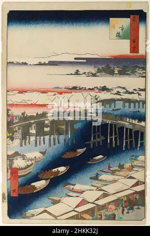 Kunst inspiriert von Nihonbashi, Clearing After Snow, Nr. 1 in hundert berühmten Ansichten von Edo, Utagawa Hiroshige, Ando, Japanisch, 1797-1858, Holzschnitt, Japan, 5th Monate 1856, Edo-Zeit, Ansei-Ära, Bild: 13 3/8 x 8 3/4 Zoll, 34 x 22,2 cm, 19th Jahrhundert, Boote, Brücke, Burg, Klassische Werke, die von Artotop mit einem Hauch von Moderne modernisiert wurden. Formen, Farbe und Wert, auffällige visuelle Wirkung auf Kunst. Emotionen durch Freiheit von Kunstwerken auf zeitgemäße Weise. Eine zeitlose Botschaft, die eine wild kreative neue Richtung verfolgt. Künstler, die sich dem digitalen Medium zuwenden und die Artotop NFT erschaffen Stockfoto