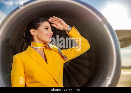 Fröhliche weibliche Flugbegleiterin, die mit der Hand die Augen vor der Sonne verhüllte und lächelte, während sie in der Nähe des Triebwerks der Flugzeugturbine stand Stockfoto