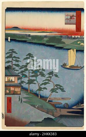 Kunst inspiriert von Niijuku Ferry, Nr. 93 aus hundert berühmten Ansichten von Edo, Utagawa Hiroshige, Ando, Japanisch, 1797-1858, Holzschnitt, Japan, 2nd Monate 1857, Edo-Zeit, Ansei-Ära, Blatt: 14 3/16 x 9 1/4 Zoll, 36 x 23,5 cm, 19th Jahrhundert, blau, Boot, ruhig, edo, Fauna, Flora, Klassisches von Artotop mit einem Schuss Moderne modernisiertes Werk. Formen, Farbe und Wert, auffällige visuelle Wirkung auf Kunst. Emotionen durch Freiheit von Kunstwerken auf zeitgemäße Weise. Eine zeitlose Botschaft, die eine wild kreative neue Richtung verfolgt. Künstler, die sich dem digitalen Medium zuwenden und die Artotop NFT erschaffen Stockfoto