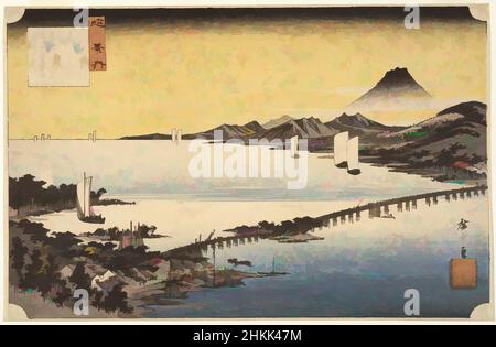 Kunst inspiriert von Evening Glow at Sea, Seta no Sekisho, aus acht Ansichten der Provinz Omi, Omi Hakkei, aus der Serie: „Acht Ansichten der Provinz Omi“, Utagawa Hiroshige, Ando, Japanisch, 1797-1858, Farbholzschnitt auf Papier, Japan, ca. 1834, Edo-Periode, Blatt: 9 1/8 x 14 1/16, Klassisches Werk, modernisiert von Artotop mit einem Schuss Moderne. Formen, Farbe und Wert, auffällige visuelle Wirkung auf Kunst. Emotionen durch Freiheit von Kunstwerken auf zeitgemäße Weise. Eine zeitlose Botschaft, die eine wild kreative neue Richtung verfolgt. Künstler, die sich dem digitalen Medium zuwenden und die Artotop NFT erschaffen Stockfoto