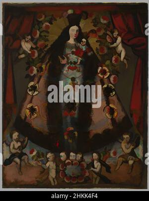 Kunst inspiriert von unserer Lieben Frau von Pomata, Cuzco Schule, Öl auf Leinwand, Peru, 1675, 44 3/4 x 35 1/2in., 113,7 x 90,2cm, 17th Jahrhundert, Engel, Wohlwollen, Bounty, Colonial, Crown, Cuzco, Faith, Blume, Jesus, Spitze, Madonna mit Kind, Maria, Mutter, Malerei, Perlen, Peru, Propaganda, Putti, Klassisches Werk, das von Artotop mit einem Schuss Modernität modernisiert wurde. Formen, Farbe und Wert, auffällige visuelle Wirkung auf Kunst. Emotionen durch Freiheit von Kunstwerken auf zeitgemäße Weise. Eine zeitlose Botschaft, die eine wild kreative neue Richtung verfolgt. Künstler, die sich dem digitalen Medium zuwenden und die Artotop NFT erschaffen Stockfoto