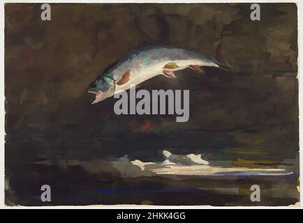 Art inspired by Jumping Forelle, Winslow Homer, American, 1836-1910, Aquarell über Graphit auf cremefarbenem, mittelschwerem, mäßig strukturiertem Wove-Papier, 1889, 13 15/16 x 19 15/16 Zoll, 35,4 x 50,6 cm, Tier, Blueback Forelle, Brook Forelle, Flossen, Fisch, Angeln, Süßwasserfische, Kiemen, See, Klassische Werke, die von Artotop mit einem Hauch von Moderne modernisiert wurden. Formen, Farbe und Wert, auffällige visuelle Wirkung auf Kunst. Emotionen durch Freiheit von Kunstwerken auf zeitgemäße Weise. Eine zeitlose Botschaft, die eine wild kreative neue Richtung verfolgt. Künstler, die sich dem digitalen Medium zuwenden und die Artotop NFT erschaffen Stockfoto