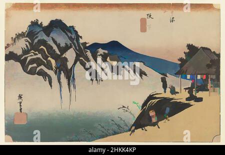 Kunst inspiriert von Sakanoshita: Fudesute Mountain, aus der Serie 53 Stationen der Tōkaidō Road, erste Tokaido-Serie, pl. 49, Utagawa Hiroshige, Ando, Japanisch, 1797-1858, Farbholzschnitt auf Papier, Japan, ca. 1833-1834, Edo-Zeit, 8 7/8 x 13 3/4 Zoll, 22,5 x 35 cm, Klassisches Werk, modernisiert von Artotop mit einem Schuss Moderne. Formen, Farbe und Wert, auffällige visuelle Wirkung auf Kunst. Emotionen durch Freiheit von Kunstwerken auf zeitgemäße Weise. Eine zeitlose Botschaft, die eine wild kreative neue Richtung verfolgt. Künstler, die sich dem digitalen Medium zuwenden und die Artotop NFT erschaffen Stockfoto