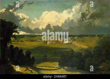 Kunst inspiriert von einer Panoramalandschaft mit Blick auf eine Kleinstadt, amerikanisch, Öl auf Leinwand, ca 1840s-1850s, 30 x 44 Zoll, 76,2 x 111,8 cm, 19th Jahrhundert, 19.C, Americana, Wolken, wolkiger Himmel, auf dem Land, ex-urban, Gras, Häuser, Landschaft, Licht, Ölgemälde, ominös, Malerei, Panorama, Classic Works modernisiert von Artotop mit einem Schuss Moderne. Formen, Farbe und Wert, auffällige visuelle Wirkung auf Kunst. Emotionen durch Freiheit von Kunstwerken auf zeitgemäße Weise. Eine zeitlose Botschaft, die eine wild kreative neue Richtung verfolgt. Künstler, die sich dem digitalen Medium zuwenden und die Artotop NFT erschaffen Stockfoto