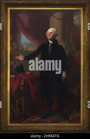 Kunst inspiriert von George Washington, Gilbert Stuart, Amerikaner, 1755-1828, Öl auf Leinwand, 1796, 96 1/4 x 60 1/4 in., 244,5 x 153 cm, amerikanischer Künstler, amerikanisches Öl, amerikanische Malerei, american-Revolution, schwarzer Anzug, klassische Pose, Säule, falsche Zähne, Vater unseres Landes, Classic Works modernisiert von Artotop mit einem Schuss Moderne. Formen, Farbe und Wert, auffällige visuelle Wirkung auf Kunst. Emotionen durch Freiheit von Kunstwerken auf zeitgemäße Weise. Eine zeitlose Botschaft, die eine wild kreative neue Richtung verfolgt. Künstler, die sich dem digitalen Medium zuwenden und die Artotop NFT erschaffen Stockfoto