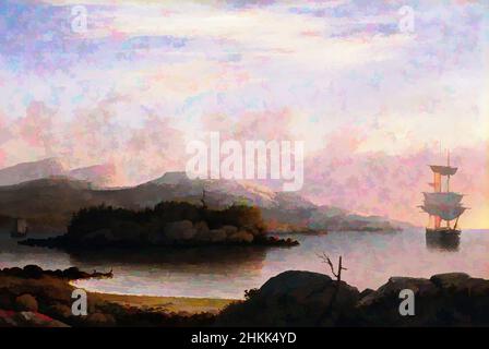 Kunst inspiriert von Off Mount Desert Island, Fitz Henry Lane, Amerikaner, 1804-1865, Öl auf Leinwand, 1856, Rahmen: 31 x 43 x 3 1/4 Zoll, 78,7 x 109,2 x 8,3 cm, Amerika, Boot, Wolken, Küste, Marine, Mount Desert Island, Berge, Öl auf Leinwand, Malerei, Segelboot, Meer, Schiff, Küste, Himmel, Klassische Werke, die von Artotop mit einem Hauch von Moderne modernisiert wurden. Formen, Farbe und Wert, auffällige visuelle Wirkung auf Kunst. Emotionen durch Freiheit von Kunstwerken auf zeitgemäße Weise. Eine zeitlose Botschaft, die eine wild kreative neue Richtung verfolgt. Künstler, die sich dem digitalen Medium zuwenden und die Artotop NFT erschaffen Stockfoto