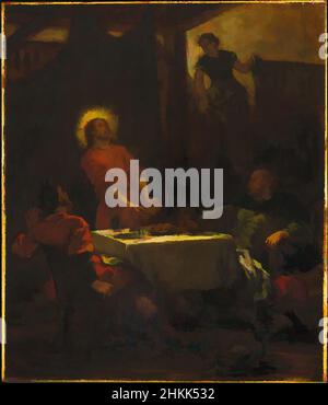 Kunst inspiriert von den Schülern in Emmaus oder den Pilgern in Emmaus, Les Disciples d'Emmaüs, ou Les pèlerins d'Emmaüs, Eugène Delacroix, französisch, 1798-1863, Öl auf Leinwand, Europa, 1853, 21 3/4 x 18 1/2 Zoll, 55,2 x 47 cm, Brot, christus, delacroix, Hund, emmaus, Figuren, Lebensmittel, Kelch, Halo, Klassische Werke, die von Artotop mit einem Hauch von Moderne modernisiert wurden. Formen, Farbe und Wert, auffällige visuelle Wirkung auf Kunst. Emotionen durch Freiheit von Kunstwerken auf zeitgemäße Weise. Eine zeitlose Botschaft, die eine wild kreative neue Richtung verfolgt. Künstler, die sich dem digitalen Medium zuwenden und die Artotop NFT erschaffen Stockfoto