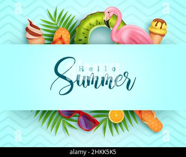 Sommer Vektor Vorlage Design. Hallo Sommer Text mit tropischen Elementen von Flamingo, Eis und Palmenblätter Objekte für die Weihnachtszeit Gruß. Stock Vektor