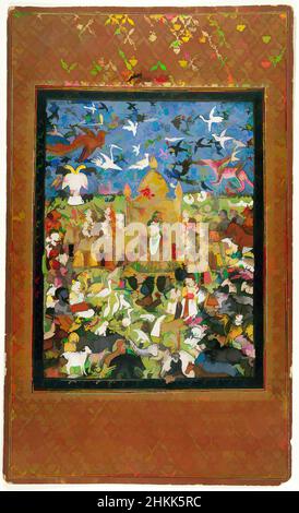 Kunst inspiriert von König Salomo und seinem Hof, indisch, opakes Aquarell und Gold auf Papier, Hyderabad, Deccan, Indien, 1875-1900, Blatt: 19 11/16 x 11 7/8 Zoll, 50,0 x 30,2 cm, 19th, Engel, Tiere, beschäftigt, Jahrhundert, Kreaturen, Dekkan, Blume, vergoldet, Gold, Group, Hyderabad, IMLS, Indien, Klassische Werke, die von Artotop mit einem Hauch von Moderne modernisiert wurden. Formen, Farbe und Wert, auffällige visuelle Wirkung auf Kunst. Emotionen durch Freiheit von Kunstwerken auf zeitgemäße Weise. Eine zeitlose Botschaft, die eine wild kreative neue Richtung verfolgt. Künstler, die sich dem digitalen Medium zuwenden und die Artotop NFT erschaffen Stockfoto