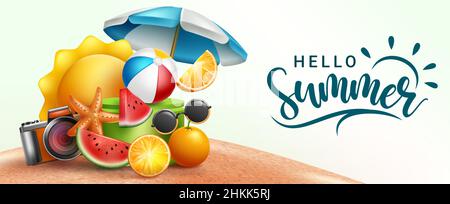 Vektordesign für die Sommersaison. Hallo Sommer Typografie Text mit tropischen Urlaub Elemente im Sand Strand Hintergrund für Spaß und genießen im Freien. Stock Vektor