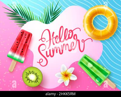 Sommer Vektor Hintergrund Design. Hallo Sommer Typografie Text in abstraktem Raum mit Eis, Floater und Früchte Geschmack Element für bunte. Stock Vektor