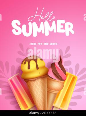 Sommer Desserts Vektor Poster Design. Hallo Sommer Text in rosa Hintergrund mit Eis und Eis tropischen Elementen für die Weihnachtszeit süß. Stock Vektor
