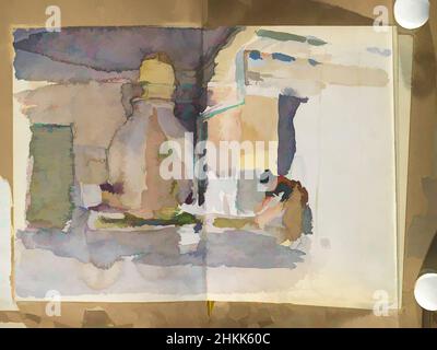 Art Inspired by Spanish Sketch Mounted in Scrap Book, Edward Penfield, American, 1866-1925, Aquarell und Graphit auf Papier Mounted in Scrap Book, ca. 1911, Blatt, ungefaltet: 9 1/4 x 13 1/8 Zoll, 23,5 x 33,3 cm, Classic Works modernisiert von Artotop mit einem Schuss Moderne. Formen, Farbe und Wert, auffällige visuelle Wirkung auf Kunst. Emotionen durch Freiheit von Kunstwerken auf zeitgemäße Weise. Eine zeitlose Botschaft, die eine wild kreative neue Richtung verfolgt. Künstler, die sich dem digitalen Medium zuwenden und die Artotop NFT erschaffen Stockfoto