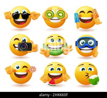 Emoji Sommer Zeichen Vektor-Set. Emoticons in niedlichen Gesichtern mit Sommerfrüchten, Desserts und tropischen Objekten für die Weihnachtszeit Emojis Gesichtern. Stock Vektor