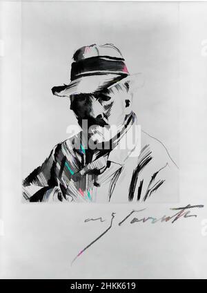 Art Inspired by Self-Portrait in Strohhut, Selbstbildnis im Strohhut, Lovis Corinth, Deutsch, 1858-1925, Trockenpunkt auf Büffelpapier, Deutschland, 1913, Bild, Platte: 5 7/8 x 4 9/16 Zoll, 14,9 x 11,6 cm, schwarz-weiß, Kohle, Porträt, Unterschrift, Sketch, Classic Works modernisiert von Artotop mit einem Schuss Moderne. Formen, Farbe und Wert, auffällige visuelle Wirkung auf Kunst. Emotionen durch Freiheit von Kunstwerken auf zeitgemäße Weise. Eine zeitlose Botschaft, die eine wild kreative neue Richtung verfolgt. Künstler, die sich dem digitalen Medium zuwenden und die Artotop NFT erschaffen Stockfoto