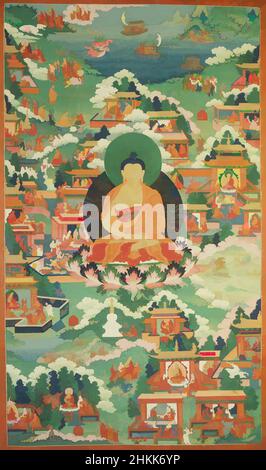 Kunst inspiriert von Shakyamuni Buddha umgeben von Szenen seines Lebens, Farbe auf Tuch, Tibet, 18th Jahrhundert ?, Zusammensetzung: 39 3/4 x 23 1/8 Zoll, 101 x 58,7 cm, Buddha, Klassisches Werk modernisiert von Artotop mit einem Schuss Moderne. Formen, Farbe und Wert, auffällige visuelle Wirkung auf Kunst. Emotionen durch Freiheit von Kunstwerken auf zeitgemäße Weise. Eine zeitlose Botschaft, die eine wild kreative neue Richtung verfolgt. Künstler, die sich dem digitalen Medium zuwenden und die Artotop NFT erschaffen Stockfoto