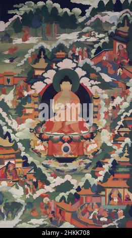 Kunst inspiriert von Shakyamuni Buddha umgeben von Szenen seines Lebens, hängende Schriftrolle, Malerei auf Leinwand, Tibet, 18th Jahrhundert, 39 1/2 x 23 1/4 Zoll, 100,4 x 59 cm, Buddha, Schriftrolle, Klassisches Werk, modernisiert von Artotop mit einem Schuss Moderne. Formen, Farbe und Wert, auffällige visuelle Wirkung auf Kunst. Emotionen durch Freiheit von Kunstwerken auf zeitgemäße Weise. Eine zeitlose Botschaft, die eine wild kreative neue Richtung verfolgt. Künstler, die sich dem digitalen Medium zuwenden und die Artotop NFT erschaffen Stockfoto