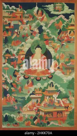 Kunst, inspiriert von Shakyamuni Buddha, umgeben von Szenen seines Lebens, Farben auf Stoff mit Blattgold, Tibet, 18th. Jahrhundert, Rahmen: 47 3/8 x 30 1/2 Zoll, 120,3 x 77,5 cm, Buddha, Klassisches Werk, modernisiert von Artotop mit einem Schuss Moderne. Formen, Farbe und Wert, auffällige visuelle Wirkung auf Kunst. Emotionen durch Freiheit von Kunstwerken auf zeitgemäße Weise. Eine zeitlose Botschaft, die eine wild kreative neue Richtung verfolgt. Künstler, die sich dem digitalen Medium zuwenden und die Artotop NFT erschaffen Stockfoto