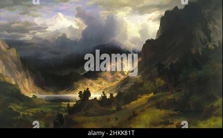 Kunst inspiriert von Einem Sturm in den Rocky Mountains, Mt. Rosalie, Albert Bierstadt, Amerikaner, geboren Deutschland, 1830-1902, Öl auf Leinwand, 1866, Rahmen: 98 5/8 x 158 1/8 x 7 1/4 Zoll, 286 lb., 250,5 x 401,6 x 18,4 cm, 129,73kg, 1866, 19th Century, 19.C, Albert Bierstadt, amerikanischer Westen, schöne, klassische Werke, die von Artotop mit einem Schuss Modernität modernisiert wurden. Formen, Farbe und Wert, auffällige visuelle Wirkung auf Kunst. Emotionen durch Freiheit von Kunstwerken auf zeitgemäße Weise. Eine zeitlose Botschaft, die eine wild kreative neue Richtung verfolgt. Künstler, die sich dem digitalen Medium zuwenden und die Artotop NFT erschaffen Stockfoto