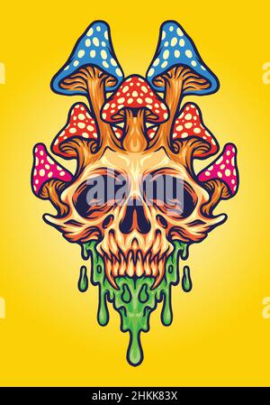 Pilz Skull Psychedelische Schmelze Vektor Illustrationen für Ihre Arbeit Logo, Maskottchen Merchandise T-Shirt, Aufkleber und Label Designs, Poster, Grußkarten Stock Vektor