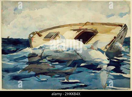 Von Sharks inspirierte Kunst; auch The Derelict, Winslow Homer, Amerikaner, 1836-1910, Aquarell über Graphit auf cremefarbenem, mäßig dickem, mäßig strukturiertem Wove-Papier, 1885, 14 1/2 x 20 15/16 Zoll, 36,8 x 53,2 cm, Amerikaner, Tiere, Boot, Kentern, Homer, Hunger, Jaws, Menschenfresser, ndd8, ocean, Classic Works modernisiert von Artotop mit einem Schuss Moderne. Formen, Farbe und Wert, auffällige visuelle Wirkung auf Kunst. Emotionen durch Freiheit von Kunstwerken auf zeitgemäße Weise. Eine zeitlose Botschaft, die eine wild kreative neue Richtung verfolgt. Künstler, die sich dem digitalen Medium zuwenden und die Artotop NFT erschaffen Stockfoto
