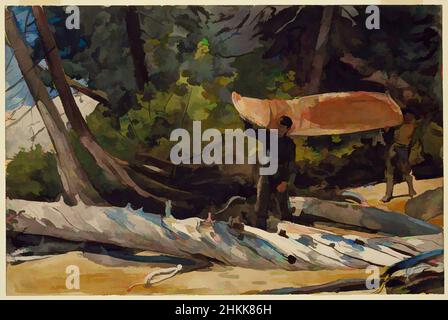 Art Inspired by End of the Portage, Winslow Homer, American, 1836-1910, transparentes und opakes Aquarell mit Graphitunterzeichnung auf cremefarbenem, mäßig dickem, mäßig strukturiertem Gewebspapier, 1897, 14 x 21 in., 35,6 x 53,3 cm, 1897, 19th Century, American, Canoe, Fallen Tree, Classic Works modernisiert von Artotop mit einem Schuss Moderne. Formen, Farbe und Wert, auffällige visuelle Wirkung auf Kunst. Emotionen durch Freiheit von Kunstwerken auf zeitgemäße Weise. Eine zeitlose Botschaft, die eine wild kreative neue Richtung verfolgt. Künstler, die sich dem digitalen Medium zuwenden und die Artotop NFT erschaffen Stockfoto