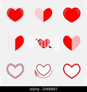 Sammlung von Herzbildern. Liebe Symbole Symbole gesetzt. Das Herz ist die innere Essenz der Person. Gütige Herzen symbolisiert Adel und Mitgefühl. Rot-weiß obj Stock Vektor