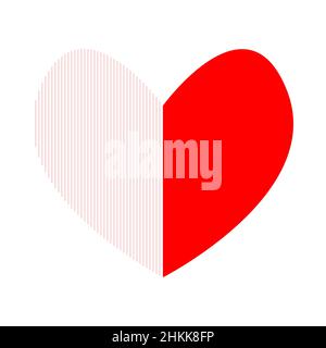 Zwei Herzen schlossen sich zusammen und wurden zu einem Herzen. Leuchtet rot auf der rechten Seite. Linker Teil mit roten vertikalen Linien schattiert. Symbolisiert Liebe - irdisch und himmelisch Stock Vektor
