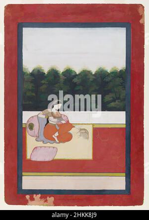 Kunst inspiriert von Dhanashri Ragini, Seite aus einer Ragamala-Serie, indisch, opakes Aquarell und Gold auf Papier, Kangra, Punjab Hills, Indien, ca. 1790 oder früher, Blatt: 10 x 6 15/16 Zoll, 25,4 x 17,6 cm, 18th Jahrhundert, Tiere, Hasen, Teppich, Kissen, Dharashri Ragini, Wald, Gold, Hasen, Klassische Werke, die von Artotop mit einem Hauch von Moderne modernisiert wurden. Formen, Farbe und Wert, auffällige visuelle Wirkung auf Kunst. Emotionen durch Freiheit von Kunstwerken auf zeitgemäße Weise. Eine zeitlose Botschaft, die eine wild kreative neue Richtung verfolgt. Künstler, die sich dem digitalen Medium zuwenden und die Artotop NFT erschaffen Stockfoto