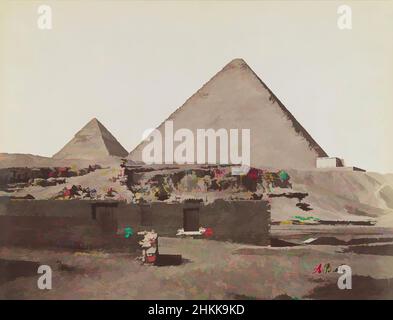 Kunst inspiriert von den Pyramiden von Gizeh, Blick aus dem Nordosten der Pyramiden von Chephren und Cheops, Albumen-Silberfoto, Ende 19th. Jahrhundert, Bild/Blatt: 7 3/4 x 10 1/4 Zoll, 19,7 x 26 cm, 19th. Jahrhundert, 4th. Dynastie, Albumen-Silberfoto, Antonio Beato, Architektur, Schwarz-Weiß, Klassisches Werk, modernisiert von Artotop mit einem Schuss Moderne. Formen, Farbe und Wert, auffällige visuelle Wirkung auf Kunst. Emotionen durch Freiheit von Kunstwerken auf zeitgemäße Weise. Eine zeitlose Botschaft, die eine wild kreative neue Richtung verfolgt. Künstler, die sich dem digitalen Medium zuwenden und die Artotop NFT erschaffen Stockfoto