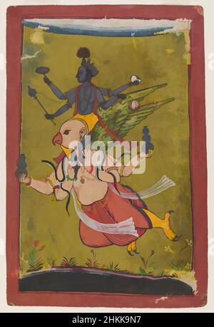 Kunst inspiriert von Vishnu auf Garuda, Indisch, opak Aquarell, Silber und Gold auf Papier, Punjab Hills, Indien, ca. 1725 oder früher, Blatt: 8 11/16 x 5 3/4 Zoll, 22,1 x 14,6 cm, Basohli, bhakti, Chakra, Conch, Diskus, Adler, fliegend, Garuda, gott, Gold, Indien, indische Kunst, Schmuck, Lotus, Mace, Classic Works modernisiert von Artotop mit einem Schuss Moderne. Formen, Farbe und Wert, auffällige visuelle Wirkung auf Kunst. Emotionen durch Freiheit von Kunstwerken auf zeitgemäße Weise. Eine zeitlose Botschaft, die eine wild kreative neue Richtung verfolgt. Künstler, die sich dem digitalen Medium zuwenden und die Artotop NFT erschaffen Stockfoto