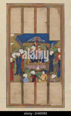 Kunst inspiriert von Folio aus einem 'Shahnameh': Ein König und ein Besucher mit Begleitern, Tinte und opakes Aquarell auf Papier, Ende 15th-Anfang 16th Jahrhundert, Safavid, Turkman, 9 1/2 x 5 7/16in., 24,1 x 13,8cm, Kalligraphie, Gericht, Iran, Naher Osten, Persien, Könige, Herrscher, Klassische Werke, die von Artotop mit einem Schuss Moderne modernisiert wurden. Formen, Farbe und Wert, auffällige visuelle Wirkung auf Kunst. Emotionen durch Freiheit von Kunstwerken auf zeitgemäße Weise. Eine zeitlose Botschaft, die eine wild kreative neue Richtung verfolgt. Künstler, die sich dem digitalen Medium zuwenden und die Artotop NFT erschaffen Stockfoto