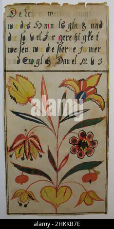 Kunst inspiriert von Fractur Zeichnung, Stift, Tinte und Aquarell auf Graphit auf Papier, USA, n.d., Blatt: 6 5/8 x 3 1/4 in., 16,8 x 8,3 cm, Blumen, Folk, Volkskunst, Deutsch, Text, Classic Works modernisiert von Artotop mit einem Schuss Moderne. Formen, Farbe und Wert, auffällige visuelle Wirkung auf Kunst. Emotionen durch Freiheit von Kunstwerken auf zeitgemäße Weise. Eine zeitlose Botschaft, die eine wild kreative neue Richtung verfolgt. Künstler, die sich dem digitalen Medium zuwenden und die Artotop NFT erschaffen Stockfoto