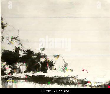 Kunst inspiriert von Landscape with a Cow Drinking, Rembrandt Harmensz. Van Rijn, Niederländisch, 1606-1669, Ätzung und Trockenpunkt auf gedeckten Papier, Niederlande, ca. 1650, Platte: 4 1/8 x 5 1/8 Zoll, 10,5 x 13 cm, Tier, Scheune, Haus, Teich, Tonal, Water, Classic Works modernisiert von Artotop mit einem Schuss Moderne. Formen, Farbe und Wert, auffällige visuelle Wirkung auf Kunst. Emotionen durch Freiheit von Kunstwerken auf zeitgemäße Weise. Eine zeitlose Botschaft, die eine wild kreative neue Richtung verfolgt. Künstler, die sich dem digitalen Medium zuwenden und die Artotop NFT erschaffen Stockfoto