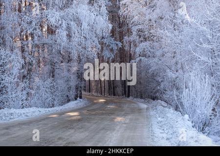Erstaunlicher Winterblick mit Straße, verschneiten Wald mit Bäumen und Sträuchern in schönem Raureif und Sonnenschein an einem frostigen Tag Stockfoto