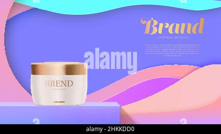 Glas kosmetische Creme Werbung Banner. Mehrfarbiger mehrschichtiger Papierhintergrund. Stock Vektor
