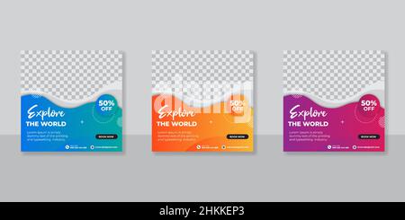 Social-Media-Design nach Reisen, Vorlage für Social-Media-Post, Vorlagen-Design für Reisewerbung. Stock Vektor