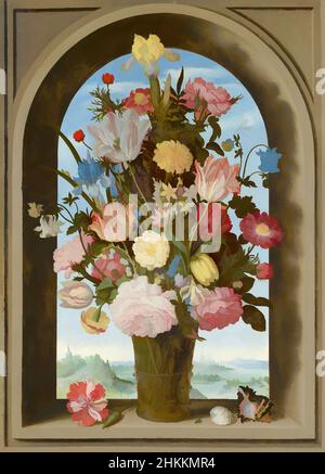 Kunst inspiriert von Blumenvase in einem Fenster, Ambrosius Bosschaert de Oude, c. 1618, Classic Works modernisiert von Artotop mit einem Schuss Moderne. Formen, Farbe und Wert, auffällige visuelle Wirkung auf Kunst. Emotionen durch Freiheit von Kunstwerken auf zeitgemäße Weise. Eine zeitlose Botschaft, die eine wild kreative neue Richtung verfolgt. Künstler, die sich dem digitalen Medium zuwenden und die Artotop NFT erschaffen Stockfoto