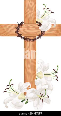 Kreuz mit Lilien isoliert auf weißem Hintergrund. Religiöse Symbole Holzkreuz, weiße Lilie und Dornenkrone. Vektor-Design Ostern Illustration, Pos. Stock Vektor