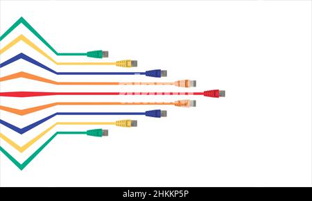 Satz farbiger, abstrakter Draht-ethernet-Netzwerkkabel auf weißem Hintergrund, Vektorgrafik. Stock Vektor