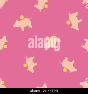 Sparschwein nahtloses Muster. Lustige finanzielle Spielzeug Hintergrund. Wiederholte Textur im Doodle-Stil für Stoff, Geschenkpapier, Tapete, Gewebe. Vektor-il Stock Vektor