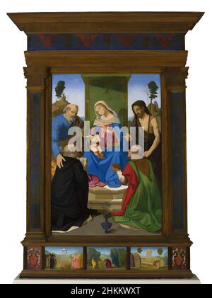 Kunst inspiriert von Madonna und Kind thront mit Sts. Peter, Johannes der Täufer, Dominic, und Nikolaus von Bari, Piero di Cosimo, Italienisch, 1461/62-1521(?), ca. 1481-85, Tempera und Öl auf Platte, hergestellt in Florenz, Toskana, Italien, Europa, Gemälde, Tafel: 69 3/4 Zoll x 47 Zoll x 5 Zoll (177,2 x, Classic Works modernisiert von Artotop mit einem Schuss Moderne. Formen, Farbe und Wert, auffällige visuelle Wirkung auf Kunst. Emotionen durch Freiheit von Kunstwerken auf zeitgemäße Weise. Eine zeitlose Botschaft, die eine wild kreative neue Richtung verfolgt. Künstler, die sich dem digitalen Medium zuwenden und die Artotop NFT erschaffen Stockfoto