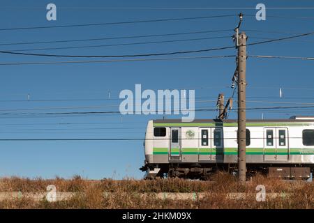 Ein Zug der Serie E233-6000 auf der JR Yokohama Line in der Nähe von Tsukushino, Tokio, Japan Stockfoto