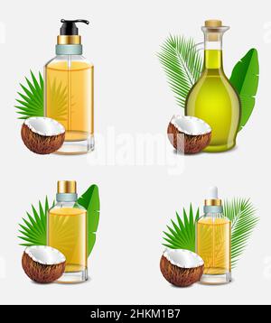 Kokosöl Flasche Set Vektor realistische Abbildung Stock Vektor
