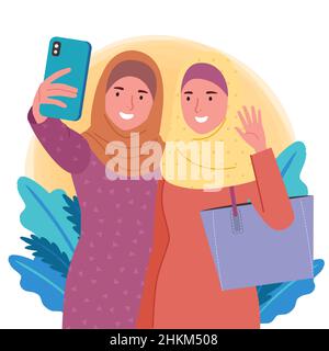 Zwei muslimische Frauen, die farbenfrohe Kleider tragen, nahmen glücklich zusammen Selfies Stock Vektor