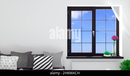 3D Abbildung. Modernes schwarzes Fenster im Innenraum Stockfoto