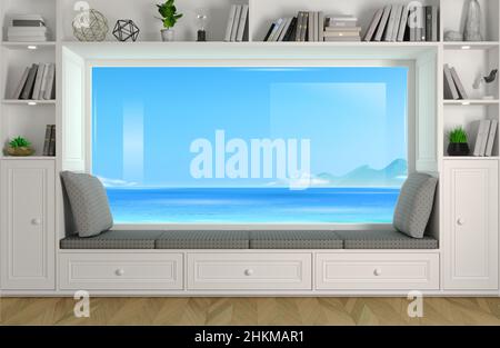 3D Abbildung. Sofa mit Panoramafenster im Zimmer. Klassische Innenausstattung, Schränke, Regale und Einrichtung. Natürliche Meereslandschaft Stockfoto